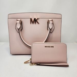 Michael Kors Mott Large Satchel Bag and Large Flat Phone Case Blush Pink New